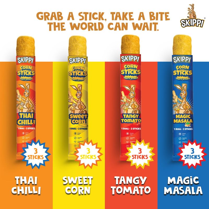 Skippi Cornsticks Snack | Snacks for Kids & Adults | Not Baked Not Fried | Gluten Free Snacks Combo 4 flavours (3 Sweet Puffcorn, 3 Magic Masala, 3 Tangy Tomato & 3 Thai Chilli) 12 Sticks