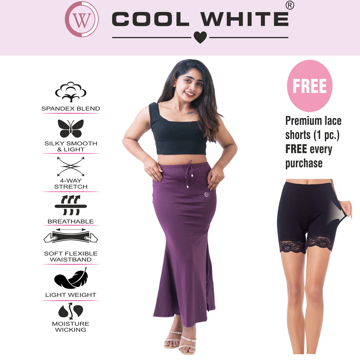 COOL WHITE Saree Shapewear for Women with lace Shorts - Body Shaper Petticoat | Shape Wear Dress | Party & Traditional Saree Shapewear | Saree Shaper | Underskirt Shorts | Saree Shapewear Combo