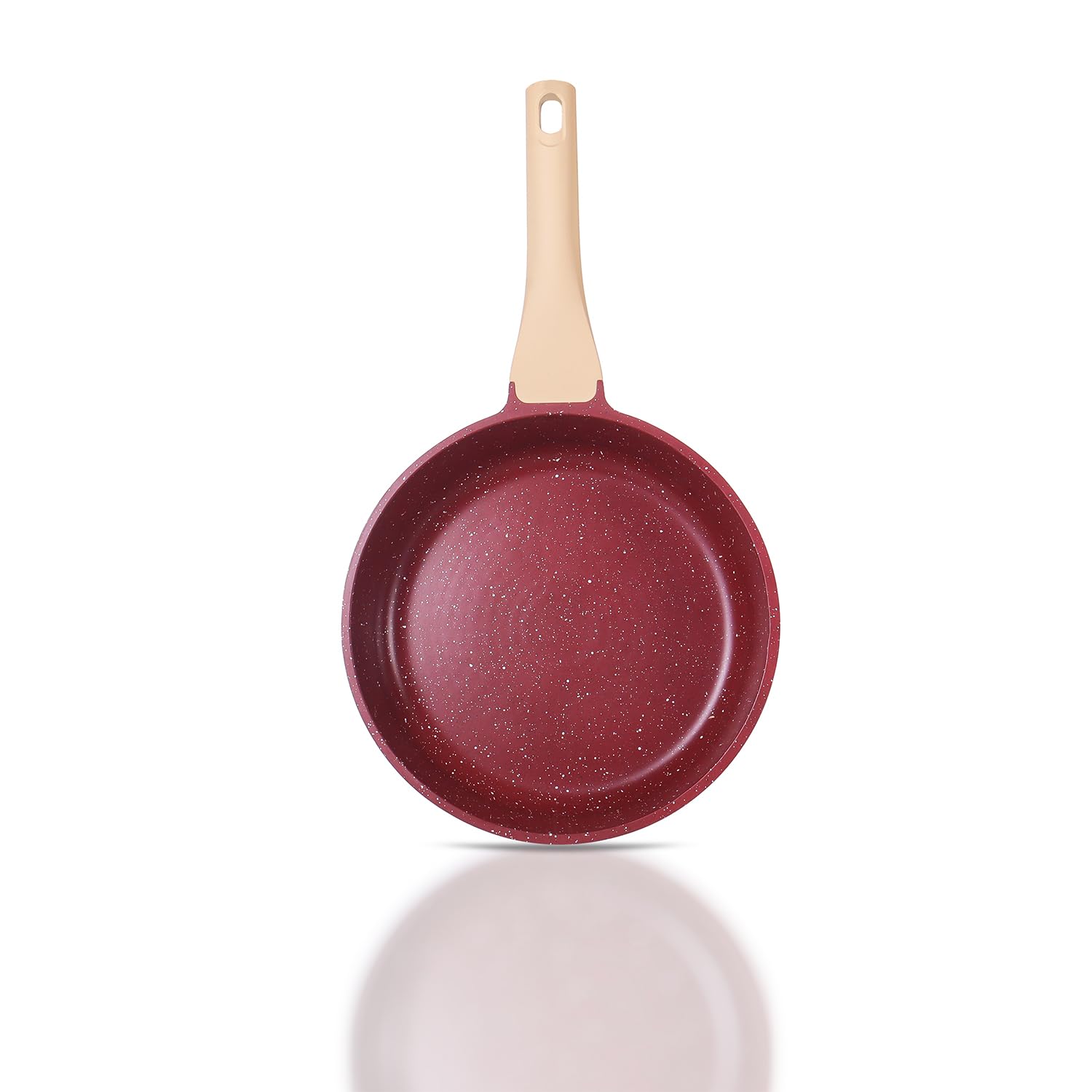 ATTIL - 28 cm Non-Stick Fry Pan with Glass Lid and Silicone Spatula - Induction Base - Granite Cookware Frying Pan - 2.5 LTR - Granite Red