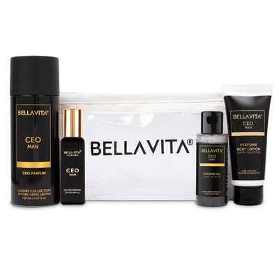 Bella Vita Luxury CEO Man Travel Mini Kit with Charcoal Body Wash 55 Ml for Deep Cleansing, EDP Perfume 20 Ml, No Gas Deo Body Parfum 150 Ml and Perfume Body Lotion 50 Ml
