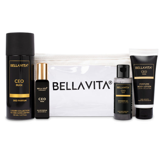 Bella Vita Luxury CEO Man Travel Mini Kit with Charcoal Body Wash 55 Ml for Deep Cleansing, EDP Perfume 20 Ml, No Gas Deo Body Parfum 150 Ml and Perfume Body Lotion 50 Ml