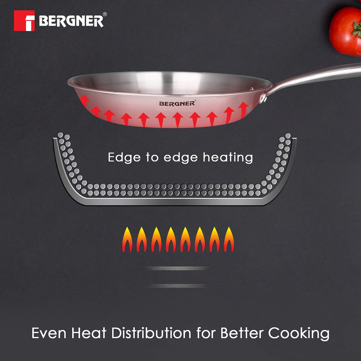 BERGNER Argent TriPly 20 cm Frypan/Steel Pan, Scratch Resistant, for Spice Tempering/Seasoning, Stay Cool Long Handle, Mirror Finish, Induction Ready, 5-Year Warranty by Bergner