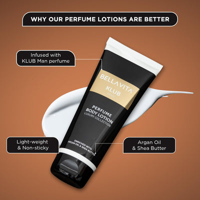 Bella Vita Luxury KLUB Man Body Perfume Lotion for Nourishing, Hydrating, Soft, Supple, Healthy Skin with Argan Oil and Shea Butter 200 ml