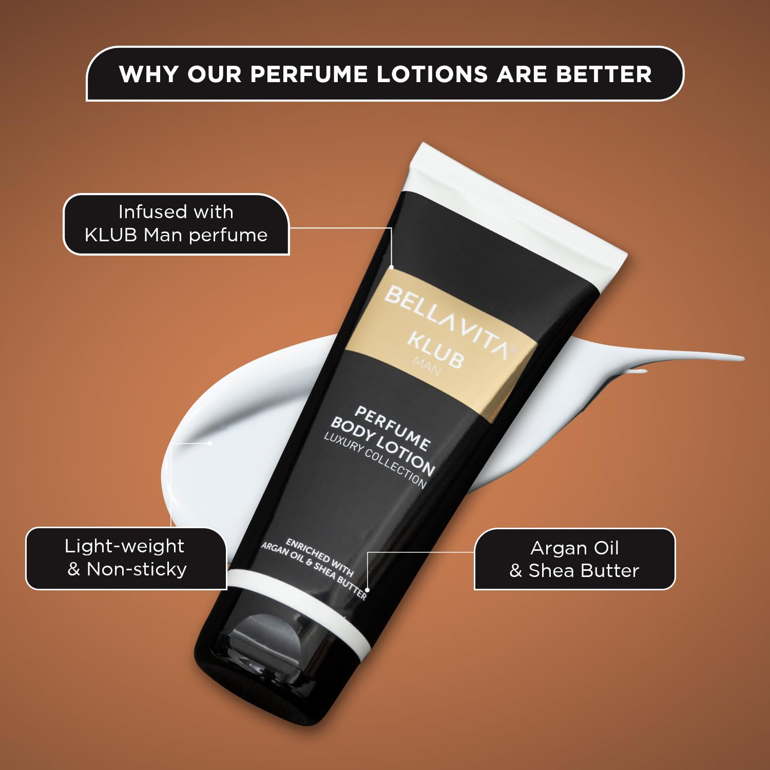 Bella Vita Luxury KLUB Man Body Perfume Lotion for Nourishing, Hydrating, Soft, Supple, Healthy Skin with Argan Oil and Shea Butter 200 ml