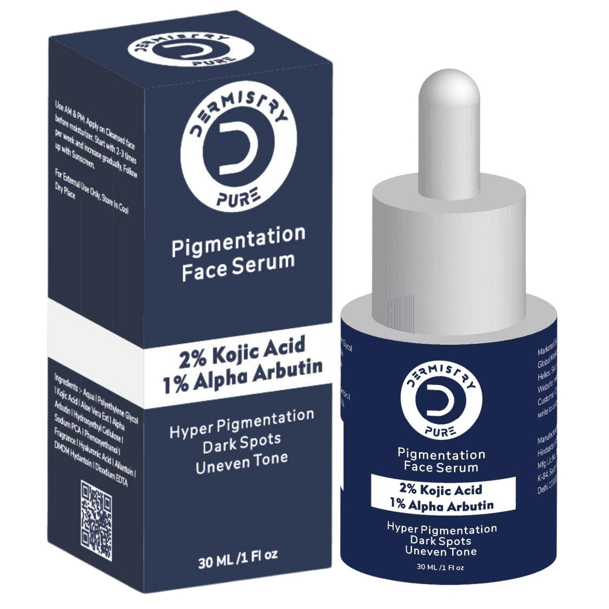 Dermistry Pure 2% Kojic Acid 1% Alpha Arbutin Skin Glowing Lightening Fairness Face Serum Removes Uneven Tone Dark Spots Pigmentation Tan & Dull Skin Suits All Skin Types 30ml