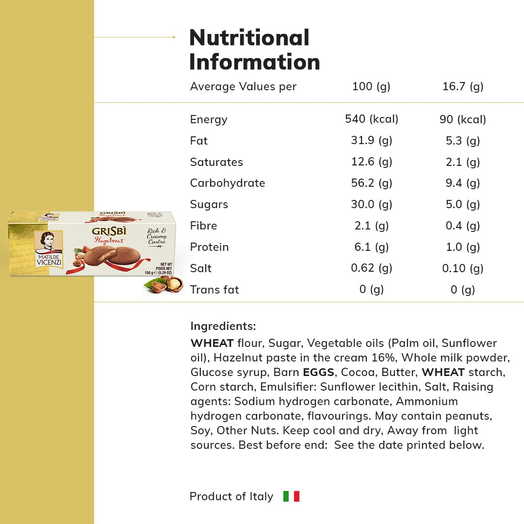 MATILDE VICENZI Grisbi Short Pastry Cookies Filled With Hazelnut Cream | GMO Free | No Preservatives & No Artifical Colours |Hazelnut Cream- 150gm(Pack of 2)