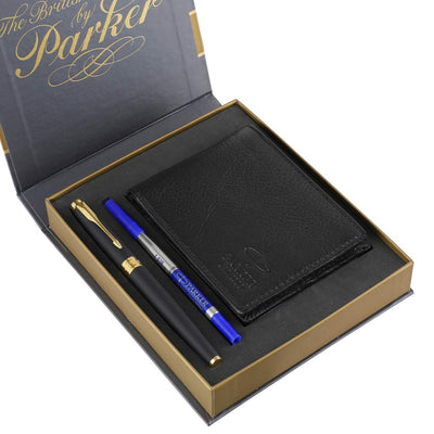 Parker Aster Matte Black Roller Ball Pen with Wallet ( Gold Trim)
