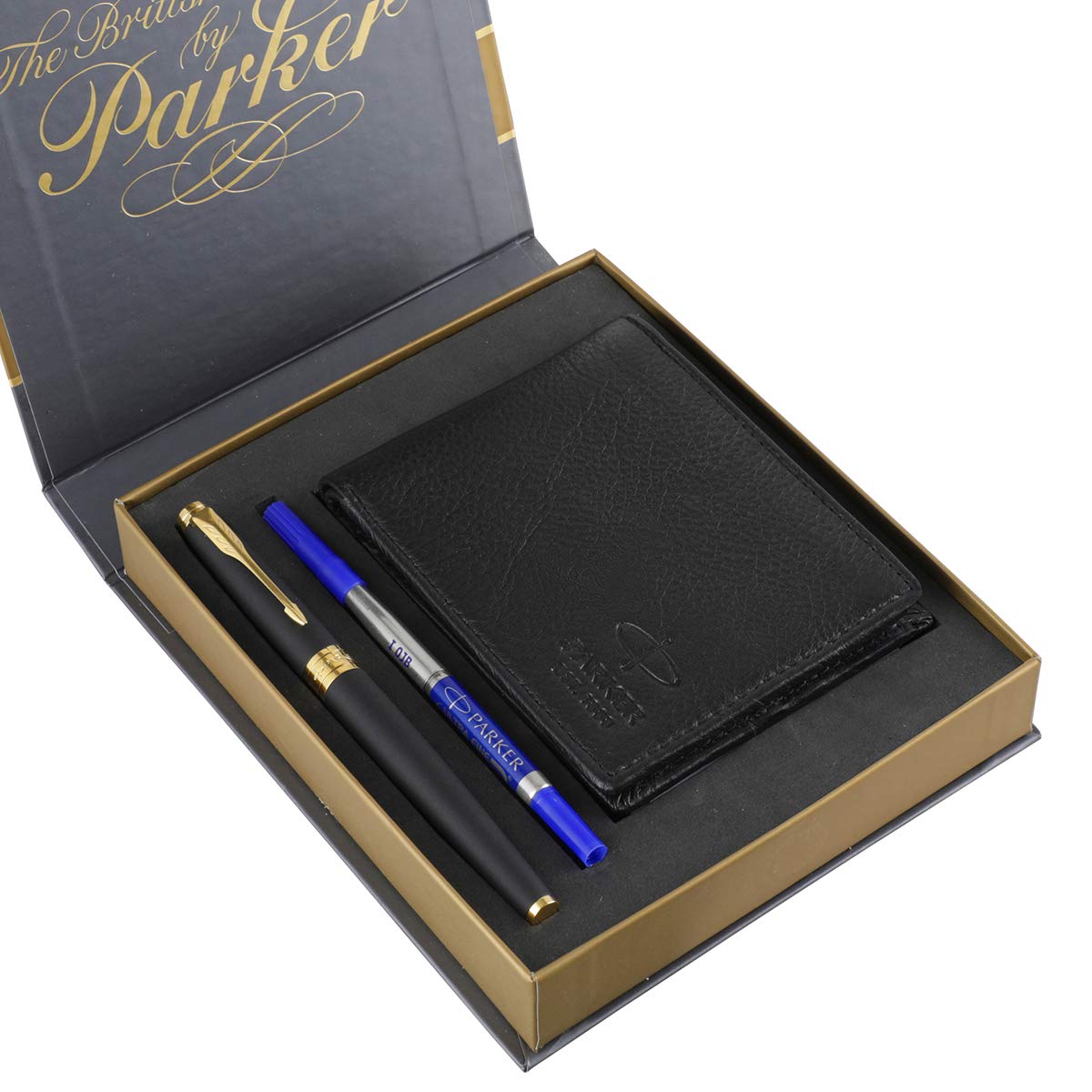 Parker Aster Matte Black Roller Ball Pen with Wallet ( Gold Trim)
