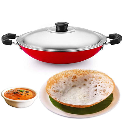 AADHIK Non-Stick Appa Chetty, Aluminium Appachatty, 23cm Diameter, 2.6mm Appachatti, Gas Compatible, Red