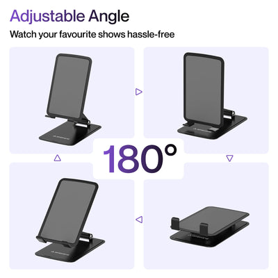 Ambrane Metallic Mobile Holder for All Smartphones, Tabs, Kindle, iPad Mobile Holding Tabletop Stand, 180 Perfect View, Height Adjustment, Foldable Design (Twistand Pro, Black)