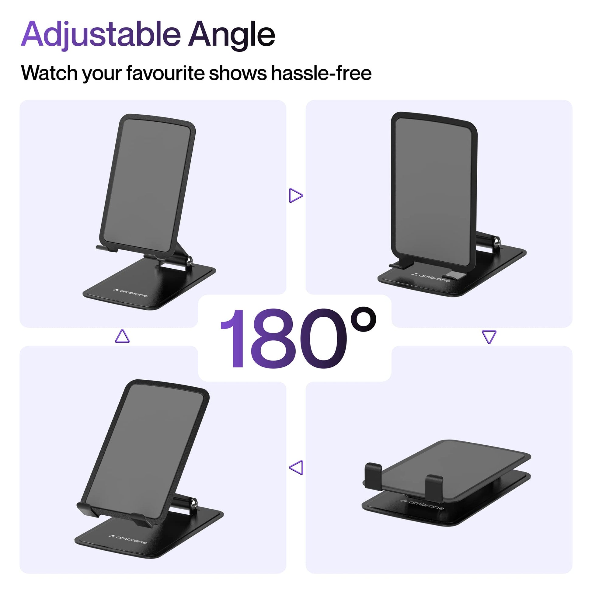 Ambrane Metallic Mobile Holder for All Smartphones, Tabs, Kindle, iPad Mobile Holding Tabletop Stand, 180 Perfect View, Height Adjustment, Foldable Design (Twistand Pro, Black)