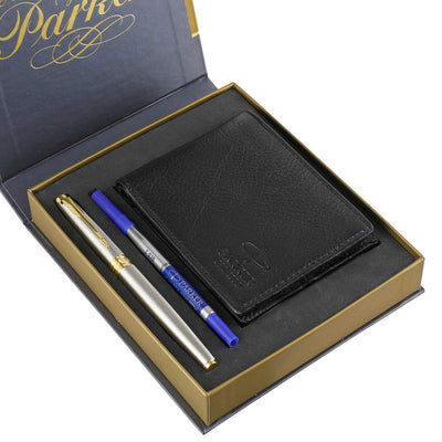 Parker Aster Brushed Metal Roller Ball Pen with Wallet ( Gold Trim)