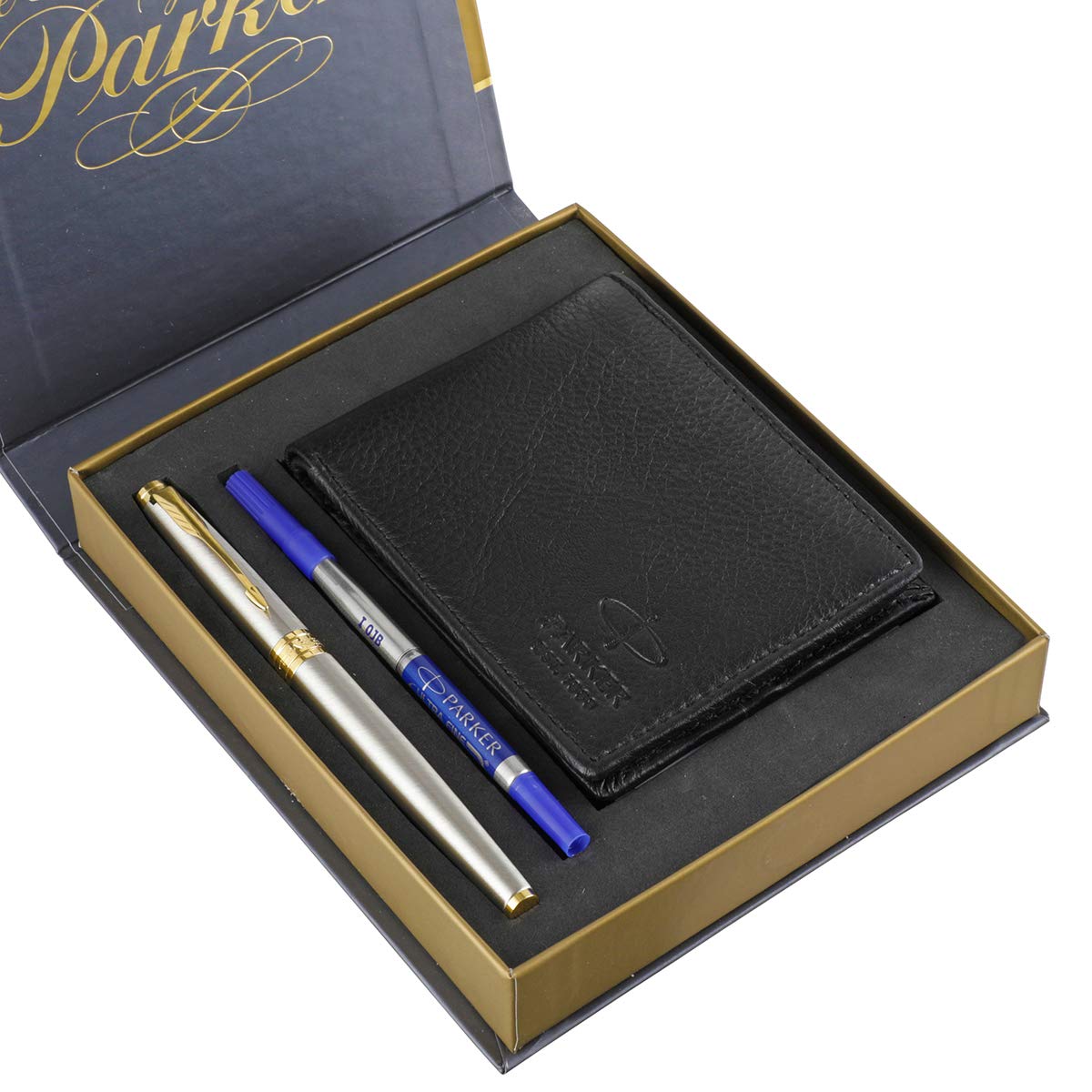 Parker Aster Brushed Metal Roller Ball Pen with Wallet ( Gold Trim)