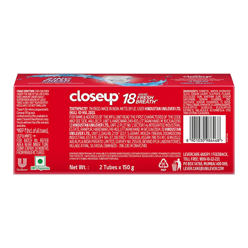 Closeup Toothpaste | Long lasting 18 Hours Of Fresh Breath & White Teeth - 300g (Pack of 2)