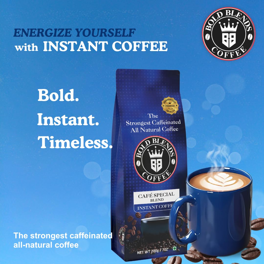 Bold Blends Cafe Special Blend 200g Pack Instant Coffee Powder | 5‎7% Coffee 43% Chicory | Medium Roast Strongest Caffeinated All Natural Coffee | Premium Blend of Arabica & Robusta to Energize Yourself