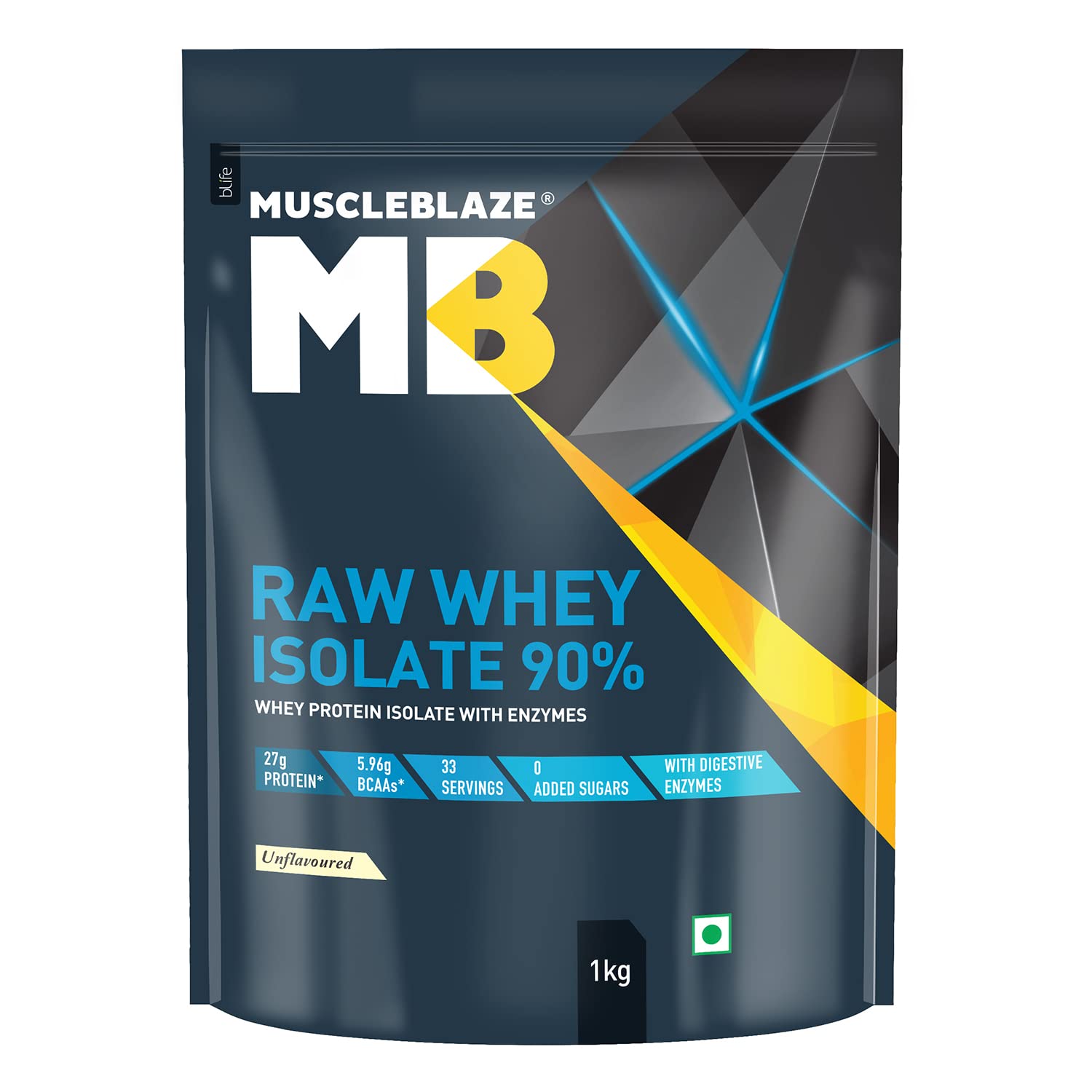 MuscleBlaze 100% Clean Raw Whey Protein Isolate (Unflavoured, 1kg) | 27g Protein per Scoop