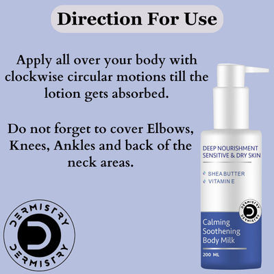 Dermistry Deep Nourishment Body Milk Lotion for Sensitive & Dry Skin, Calming & Soothing with Shea Butter & Vitamin E, Non-Greasy, Repairs & Smoothens Skin, Moisturizer For Winter, Men & Women