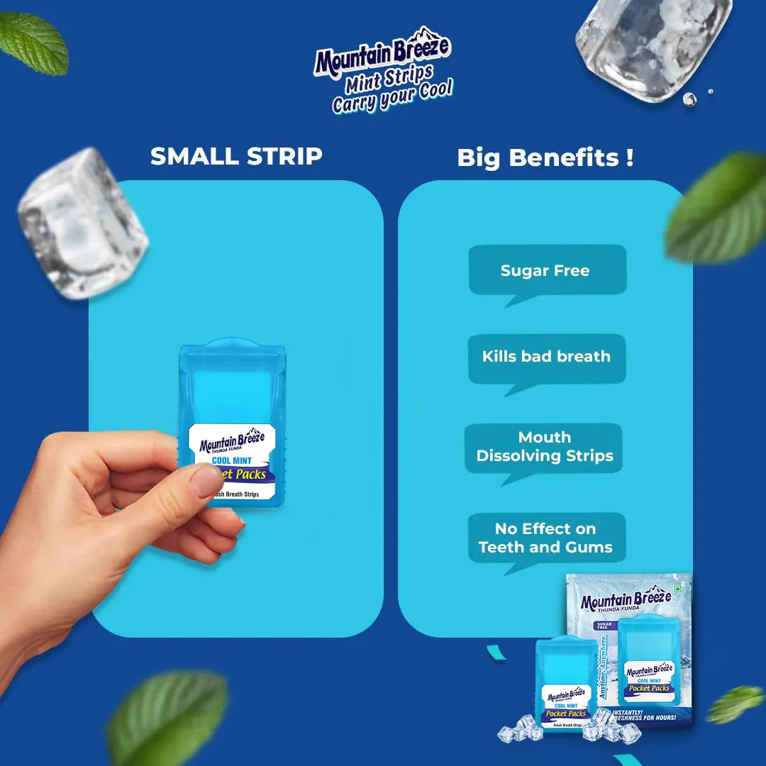 Mountain Breeze Mouth Freshner Sugar-Free Coolmint Fresh Breath Strips (7Strips each) Pack of 20 with Extra Spearmint(24 Strips each) Pack of 1