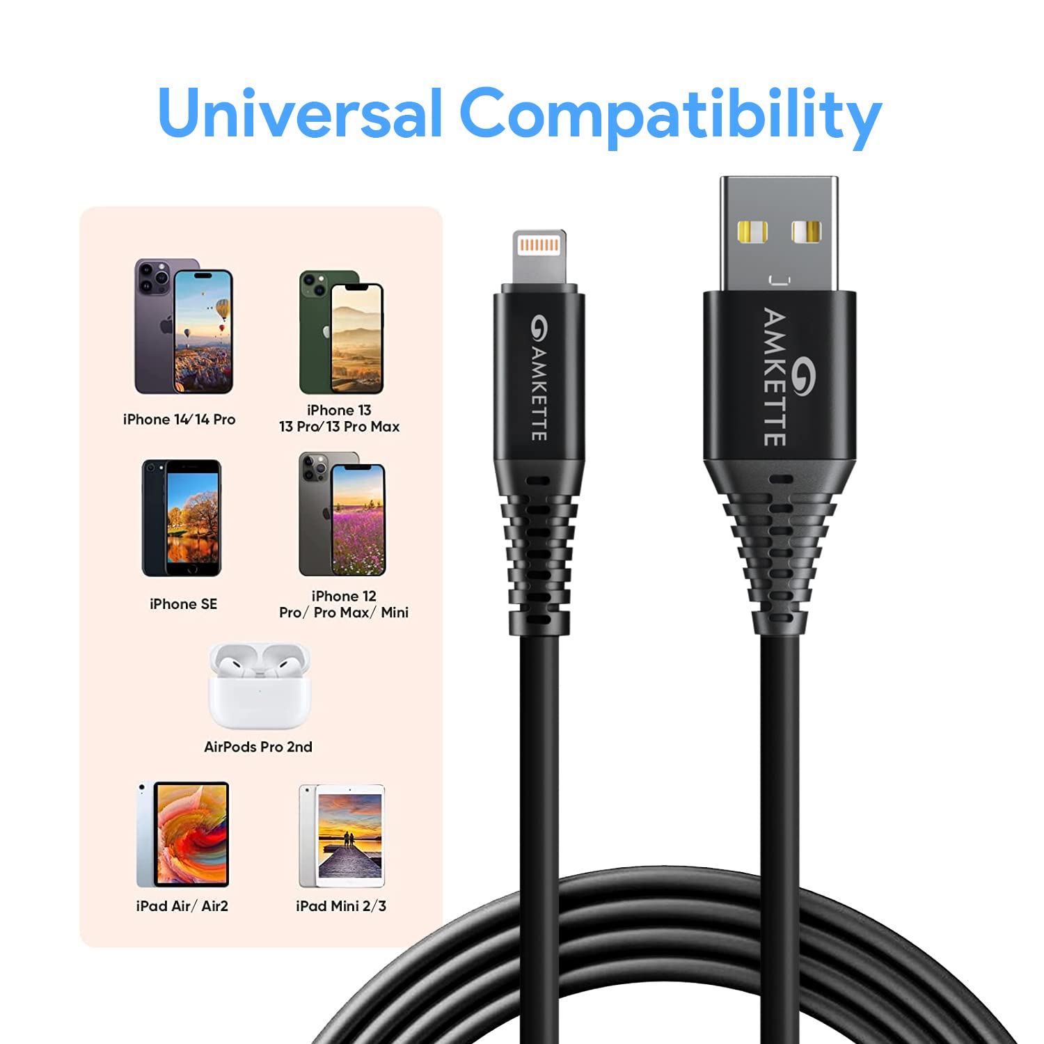 AMKETTE PowerPro iPhone Fast Charging Cable, USB to 8-Pin Fast Charging with Up to 480 Mbps Transfer Speed and 6 Months Warranty - 1 Meter (Black)