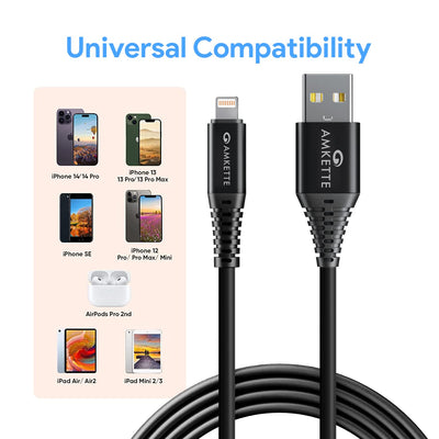 AMKETTE PowerPro iPhone Fast Charging Cable, USB to 8-Pin Fast Charging with Up to 480 Mbps Transfer Speed and 6 Months Warranty - 1 Meter (Black)