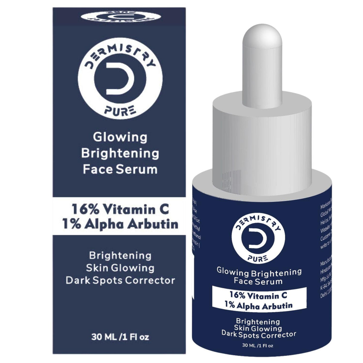 Dermistry 16% Vitamin C 1% Alpha Arbutin Skin Lightening Brightening Instant Glowing Fairness Face Serum Removes Pigmentation Dull Skin Dark Spots Corrects Radiance Sun Damage Repair 30 ml