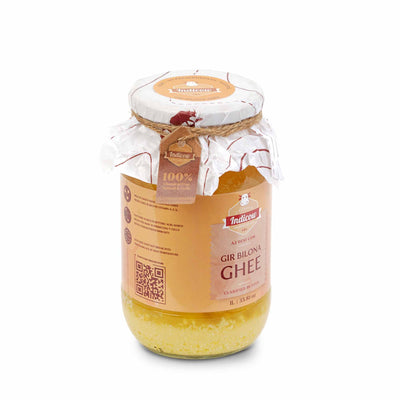 Indicow Organic Dairy Foods Pure Authentic A2 Gir cow Ghee | Bilona Curd-Churned, Cruelty-Free, Ayurvedic| Grass Fed Cows (1000ml(1ltr), Gir) | Glass Packaging