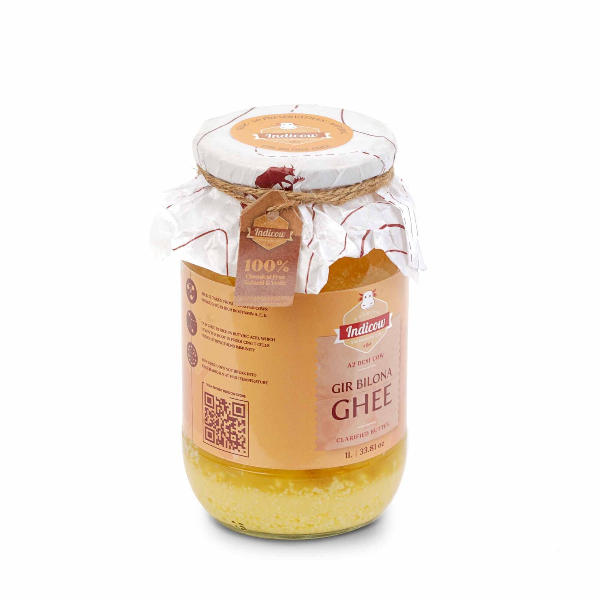 Indicow Organic Dairy Foods Pure Authentic A2 Gir cow Ghee | Bilona Curd-Churned, Cruelty-Free, Ayurvedic| Grass Fed Cows (1000ml(1ltr), Gir) | Glass Packaging