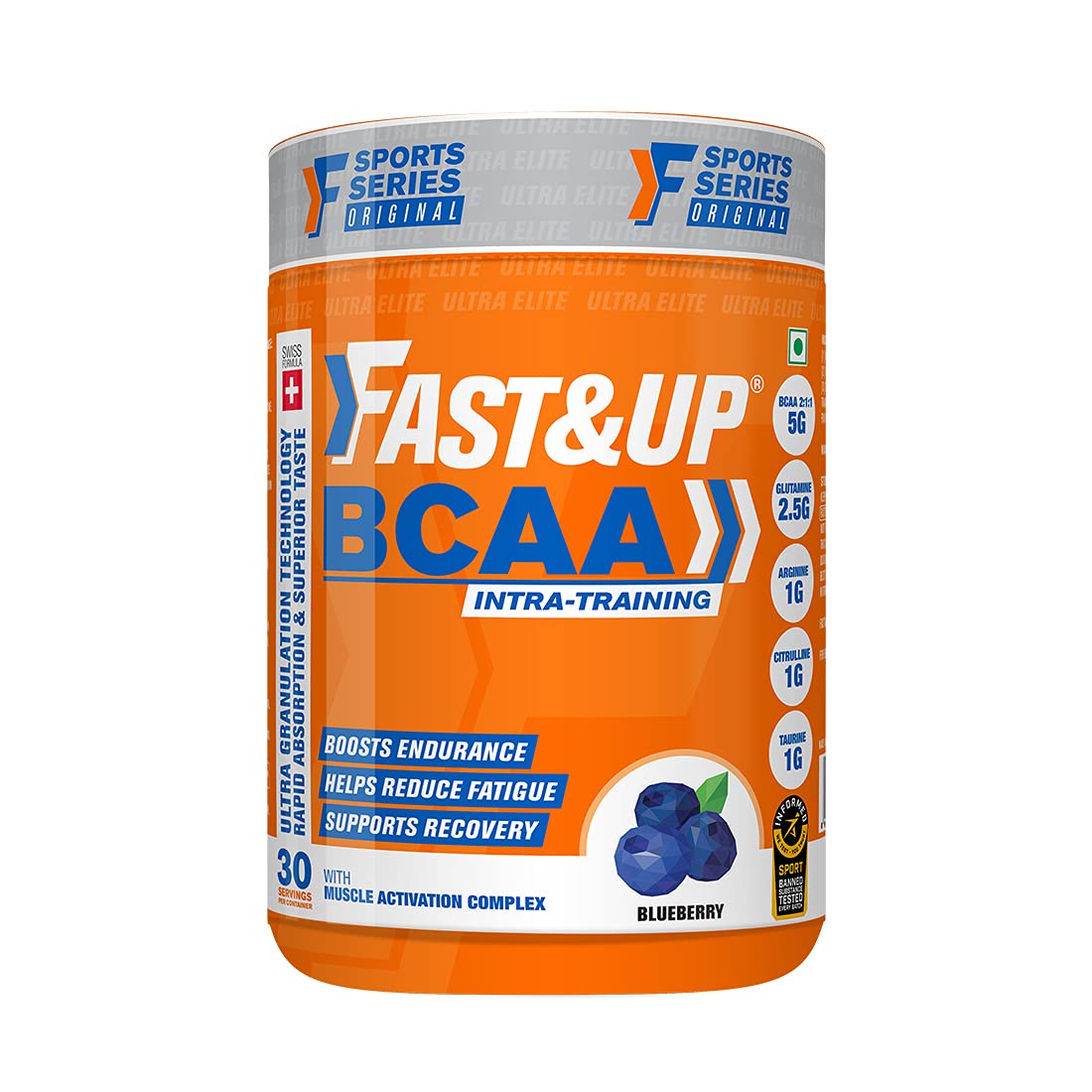 Fast&Up BCAA Intra-training - Advanced Intra-training Fuel – Instantized 2:1:1 BCAA with added Glutamine, Citrulline, L-Arginine & Taurine - 450 grams (30 Servings, Blueberry Flavour)