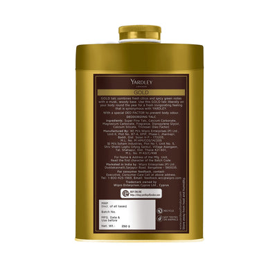4x Yardley London Gold Deodorizing Talc| Fresh Woody Scent| Masculine Fragrance| Body Talc for Men| 250g - Pack of 4