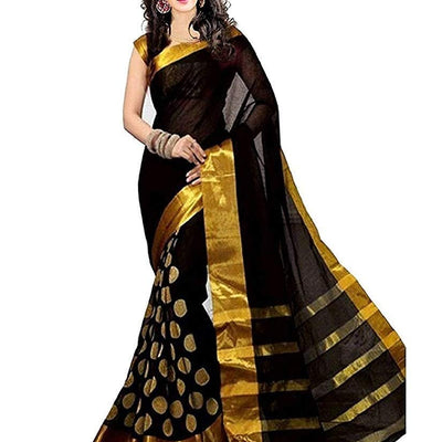 Birami Ethnics Women's Poly Cotton Saree with Blouse Piece, Free Size (Bf134_Black)