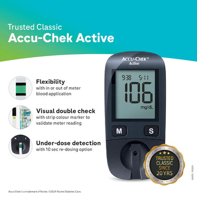 Accu-Chek Active Blood Glucose Glucometer Kit with Vial of 10 Strips, 10 Lancets and a Lancing device FREE