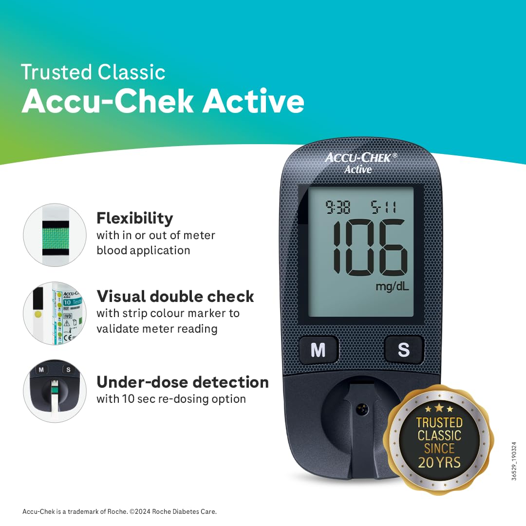 Accu-Chek Active Blood Glucose Glucometer Kit with Vial of 10 Strips, 10 Lancets and a Lancing device FREE