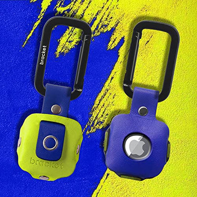 Airtag Premium Leather Key Ring Holder Case Cover Compatible with Apple Airtag, Comes with Metal Carabiner & Transparent AirTag Protective Film (1- Pack, Light Yellow and Blue) (AirTag Not Included)