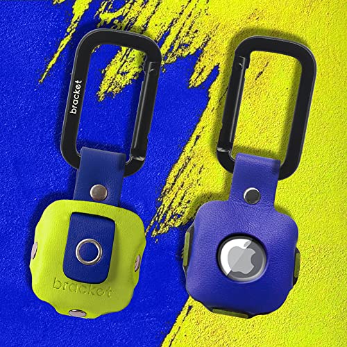 Airtag Premium Leather Key Ring Holder Case Cover Compatible with Apple Airtag, Comes with Metal Carabiner & Transparent AirTag Protective Film (1- Pack, Light Yellow and Blue) (AirTag Not Included)