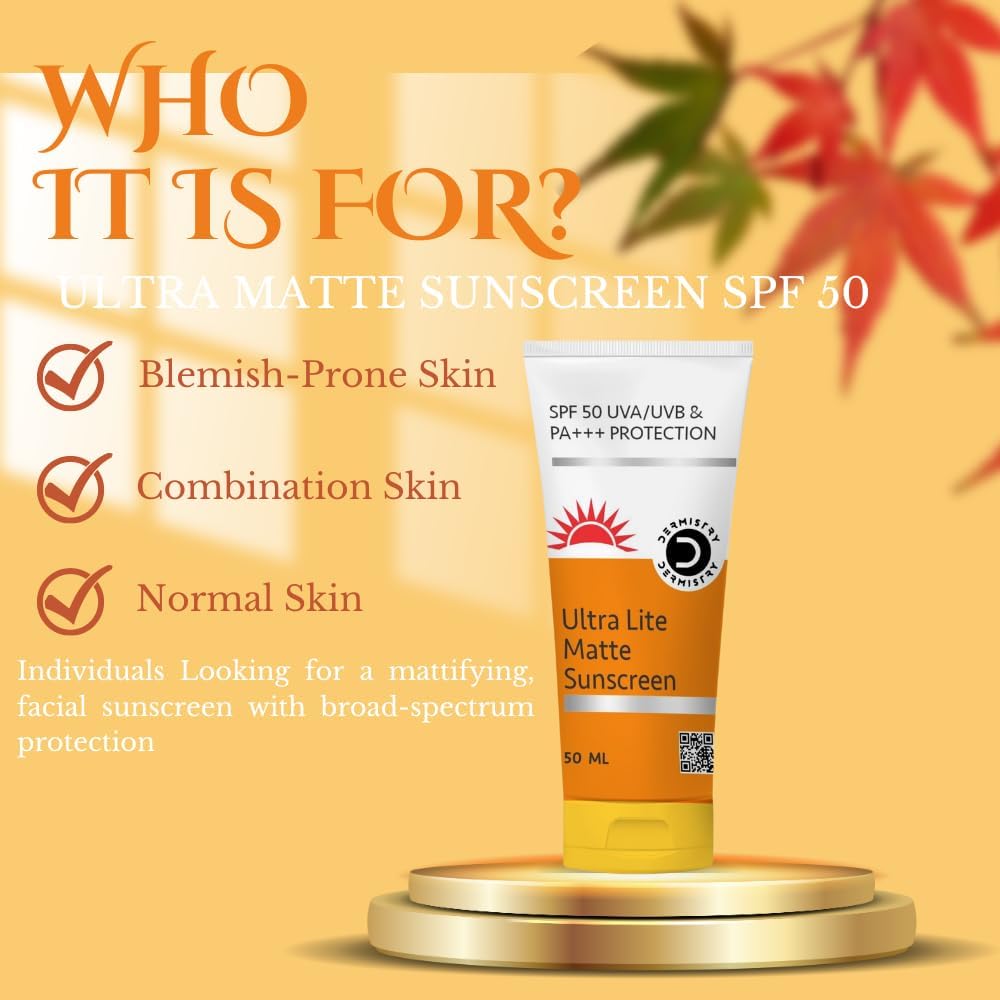 Dermistry Ultra Lite Matte Finish Oil Free SPF 50 Sunscreen, For Oily Acne Prone & All Skin Types, Face Body Moisturizer Daily Use Broad Spectrum No White Cast, Light Water Based Men Women 50ml