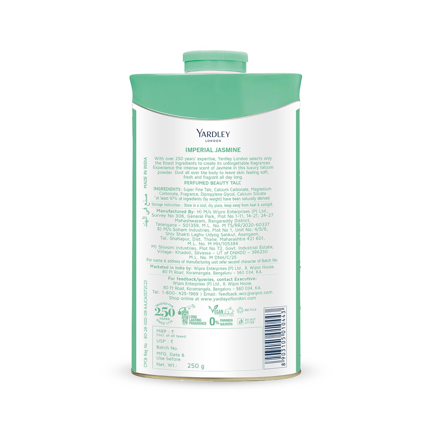 4x Yardley London Imperial Jasmine Perfumed Talc| Fragrant Beauty Talc for Women| Smooth Texture| 250g - Pack of 4