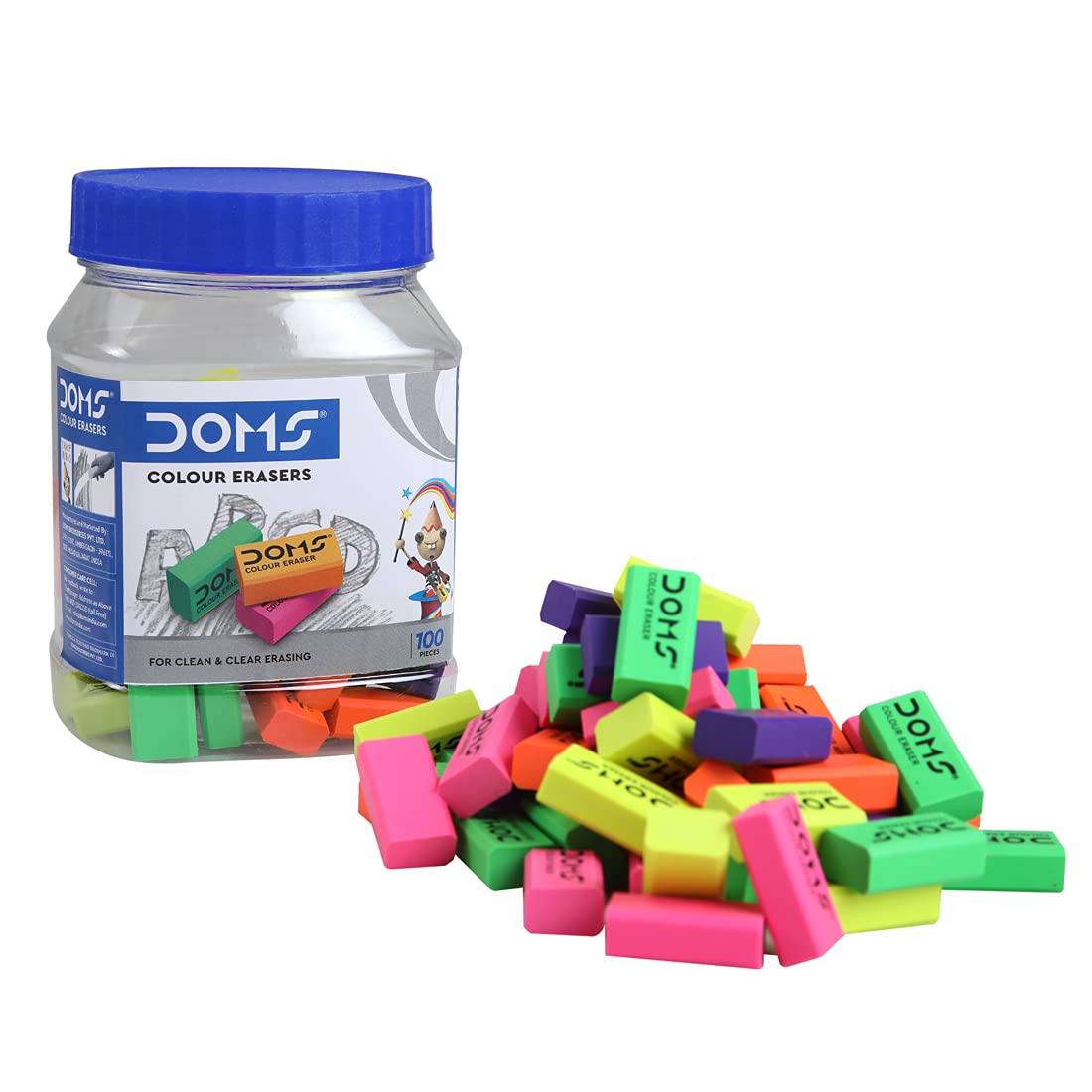 Doms Non-Toxic Dust Free Coloured Erasers Jar Pack Set