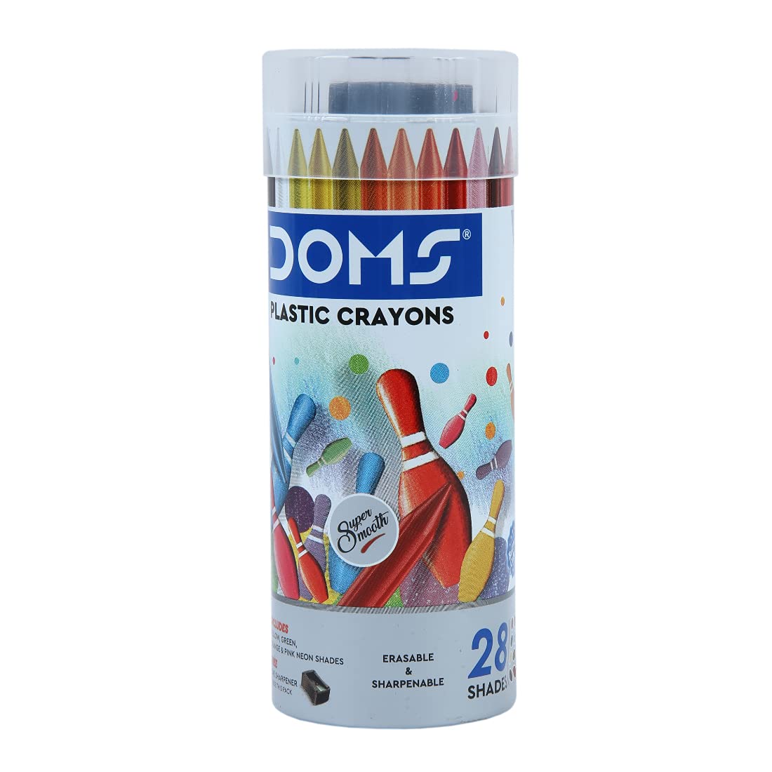 Doms 28 Shades Erasable Plastic Crayons Round Tin Box