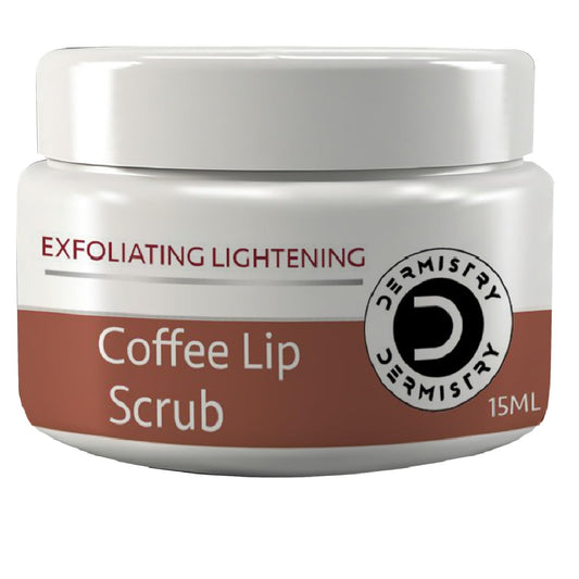 Dermistry Exfoliating Lightening Coffee Sugar Lip Scrub for Reduction of Dark Smoker Pigmentation & Healing Dry Chapped Lips, Shea Butter, Olive Oil, Coconut Oil, Brightening Men Women - 15 ml