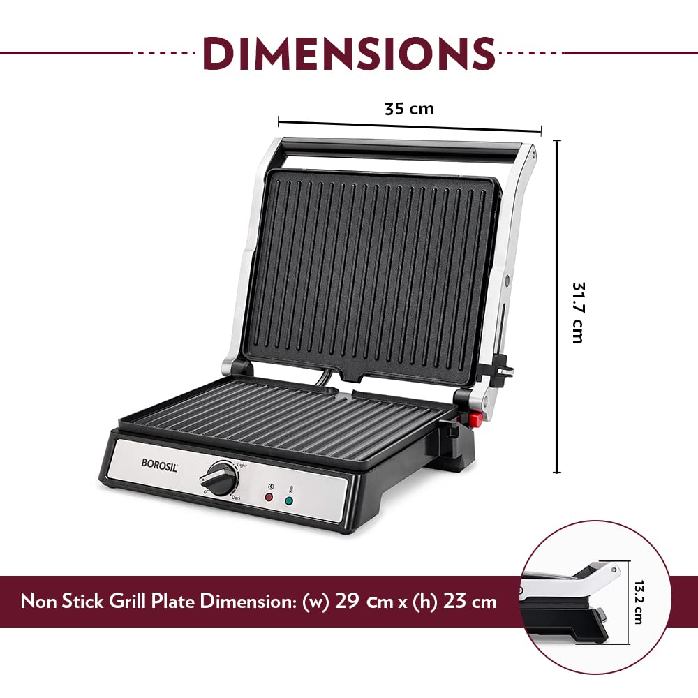 Borosil Super Jumbo Grill Sandwich Maker | Can Make 4 Sandwich At a Time | 2000W Electric Toaster Maker | Non-Stick Coating Plates Opens to 180°, BPA & PTFE Free | Power Indicators | 2 Year Warranty