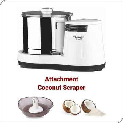 Butterfly Smart 2 Litres Table-Top Wet Grinder|150 Watts|Shockproof ABS Body| Coconut Scrapper Attachment|2 stones with 4-Way Grinding| Stainless Steel Drum | 2 Years Manufacturer's Warranty | White