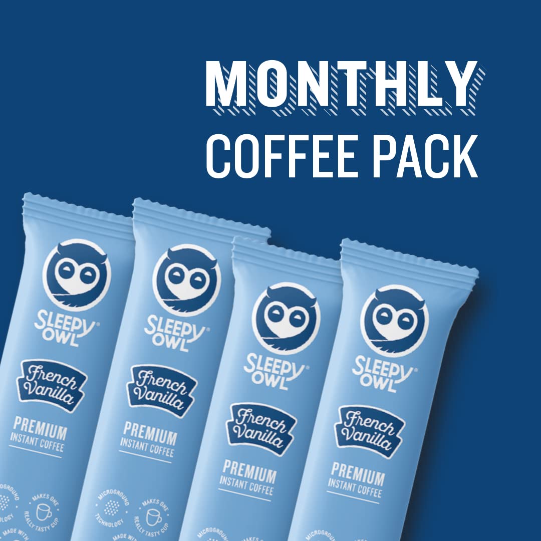 Sleepy Owl French Vanilla Flavour 100% Arabica Coffee Sachets | 60g - Pack of 30 x 2g Instant Coffee Powder Sachets | Travel Friendly