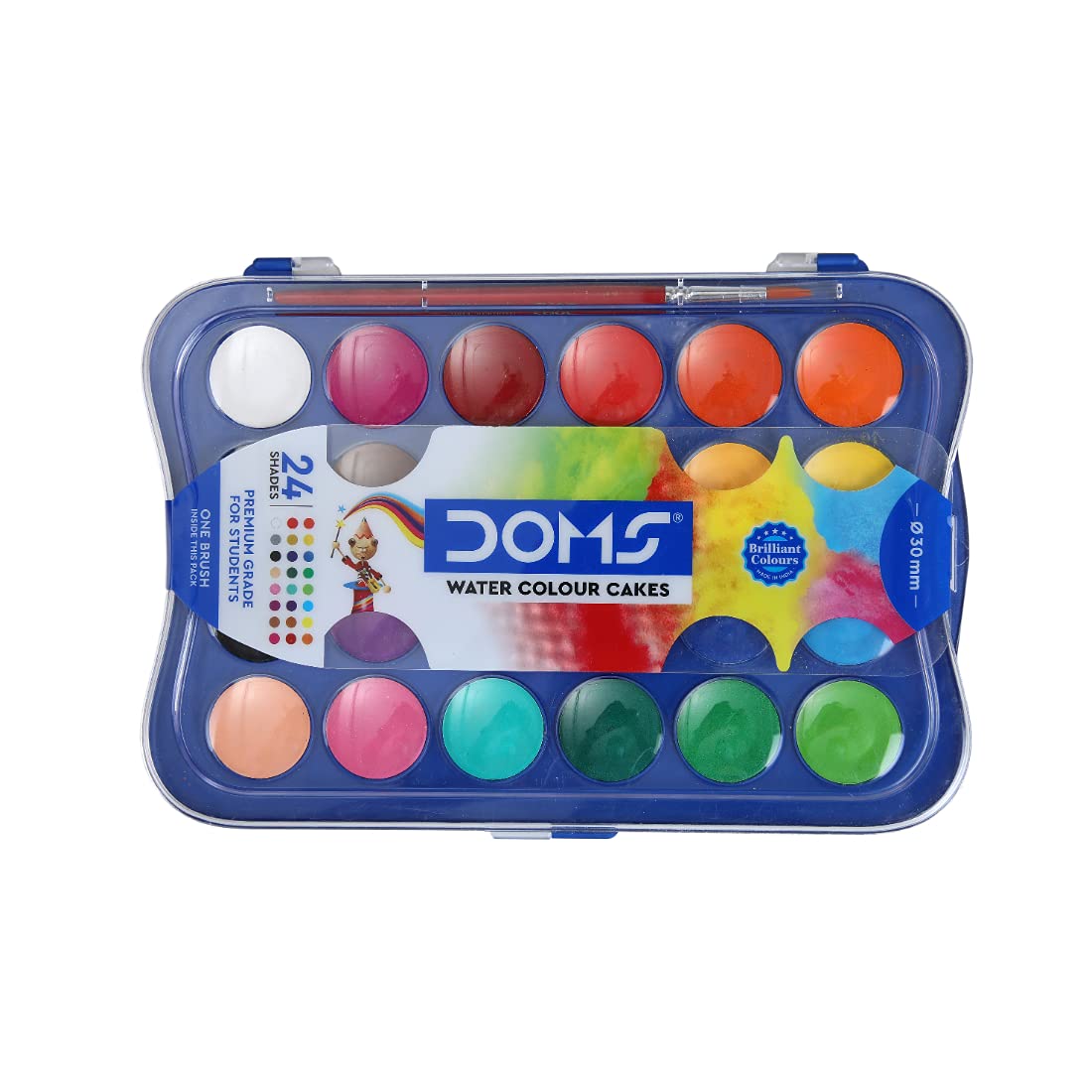 Doms Non-Toxic 30Mm Water Colour Cake Set With Paint Brush - 24 Assorted Shades