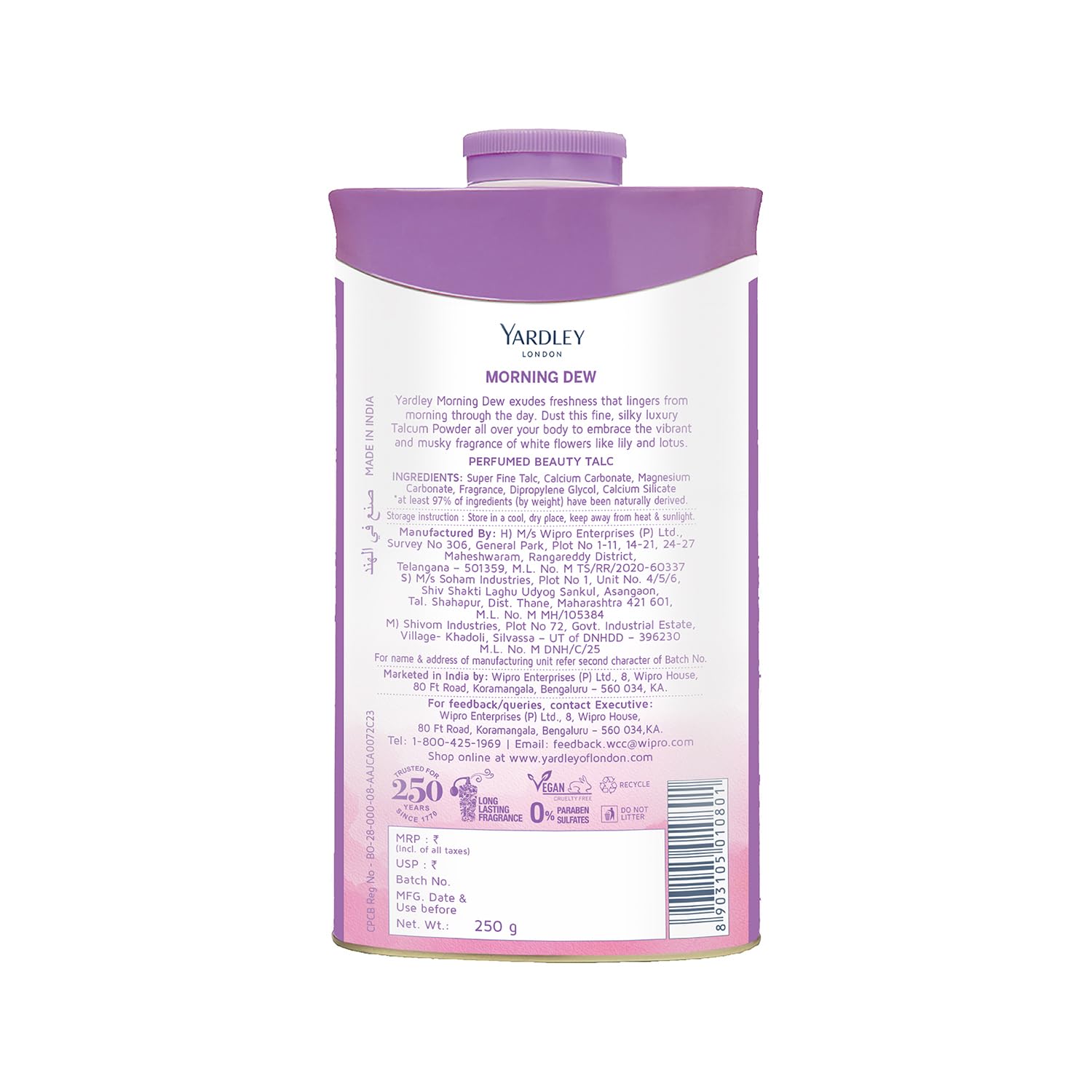 4x Yardley London Morning Dew Perfumed Talc for Women, 250g - Pack of 4