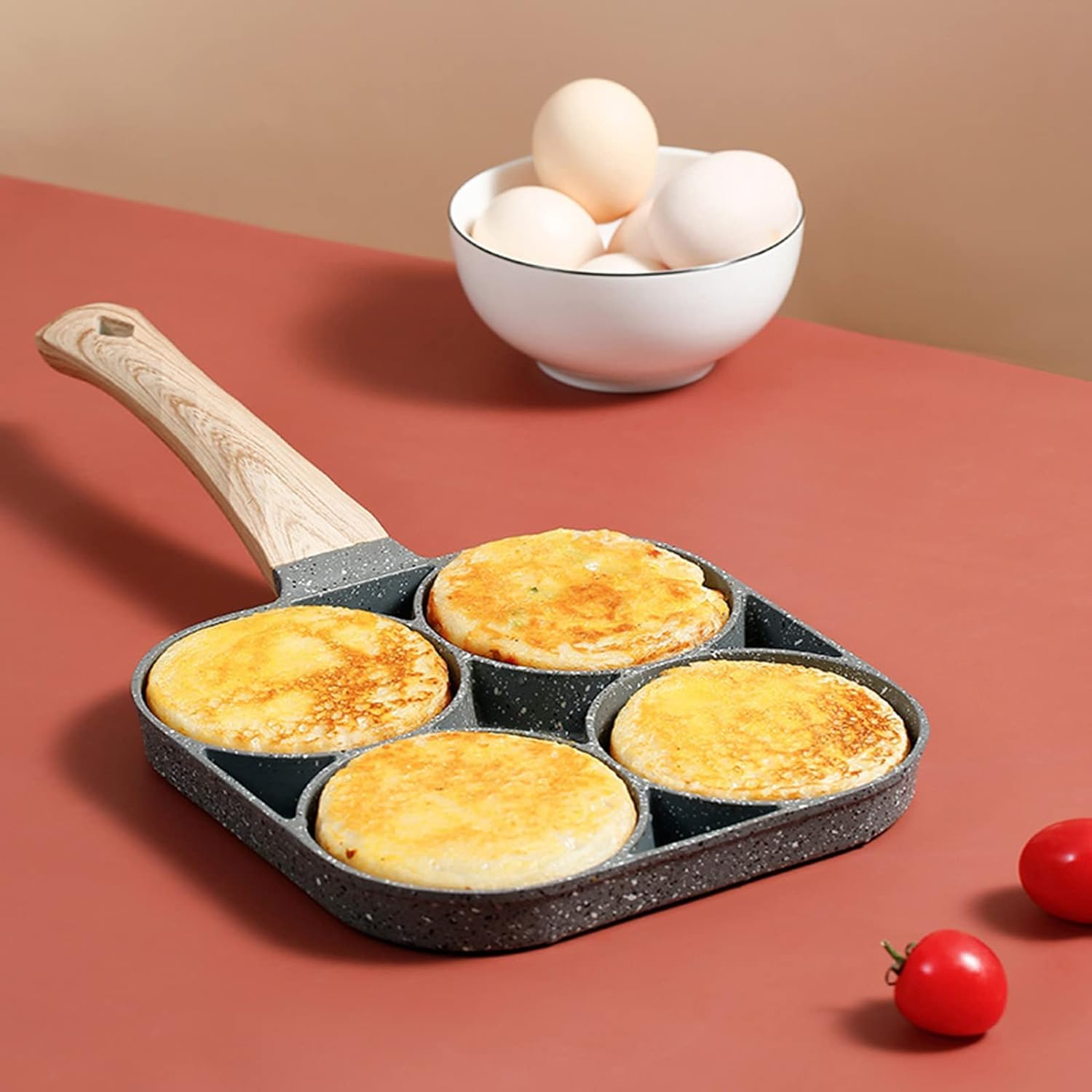 Cazuela 4 Cups Egg Pan Omelette Pan Frying Pan Egg Frying Pan 4 Cup Crepe Pan Granite Egg Cooker Breakfast Pancakes Pan Suitable for Gas Stove & Induction Cookware (Wood Grain Handle)