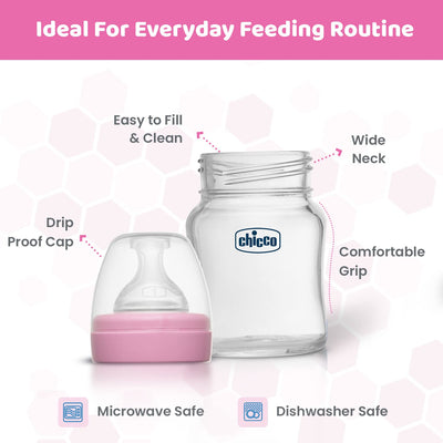 Chicco Well-Being Glass Feeding Bottle for Babies (120ml, Slow Flow) | Premium Borosilicate Glass for High Durability | Elongated Teat for Correct Latch | Comes with Anti-Spill Cap | BPA Free (Pink)