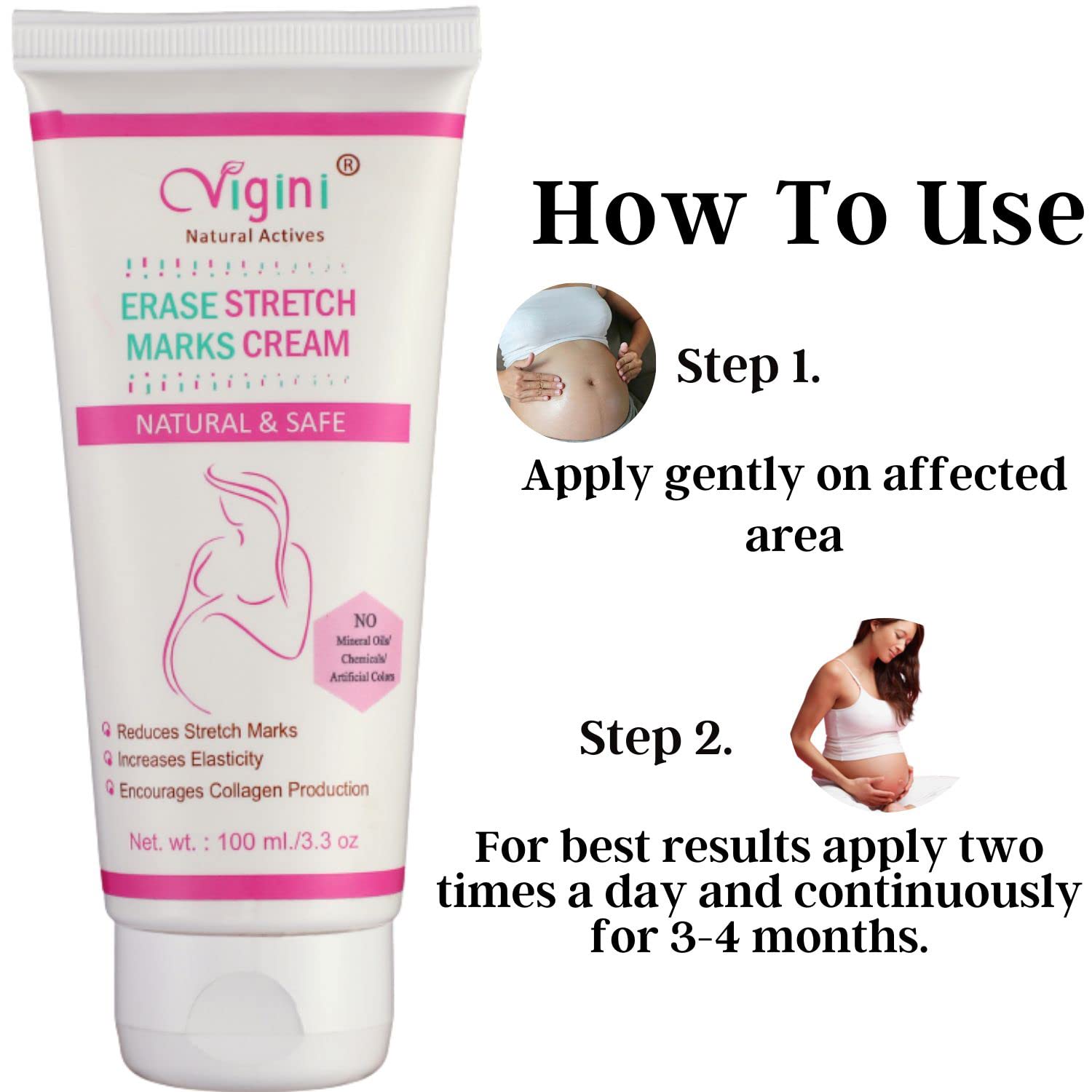 Vigini 100% Natural Actives Stretch Marks Cream for Body & Pre-Post Pregnancy, Remove Hyperpigmentation, Anti-Cellulite, Remove Scars - 100ml