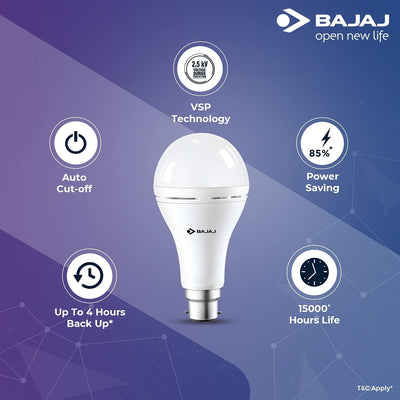 Bajaj LEDZ 8.5W Rechargeable Emergency Inverter LED Bulb, Cool Day Light, White, Upto 4 Hours Battery, b22d