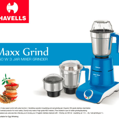 Havells Maxx Grind 750 watt Mixer Grinder with 3 Wider Mouth Stainless Steel Jar, Hands Free Operation, SS-304 Grade Blade, Overload Indicator & 5 Year Motor Warranty (Blue).