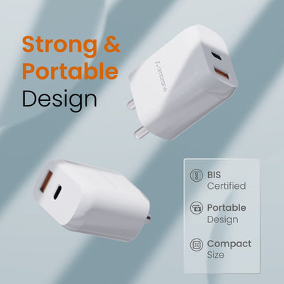 Ambrane 30W USB & Type-C Dual Port Boosted Speed Mobile Charger Adapter, Fast Charger with QC & PD Technology, Compatibility with iPhone & Android, Made in India, Compact & Durable(RAAP H33, White)